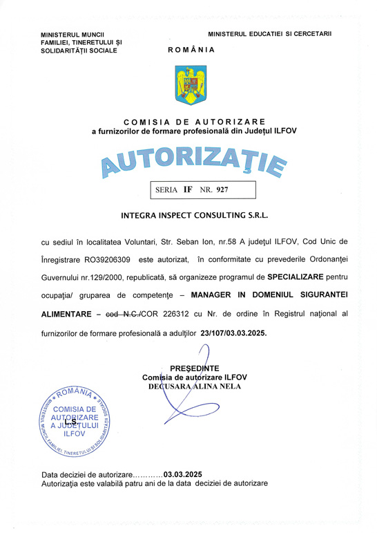 INTEGRA MANAGER IN DOMENIUL SIGURANTEI ALIMENTARE