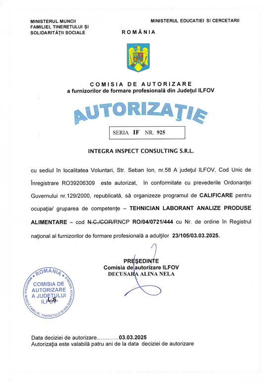 INTEGRA TEHNICIAN LABORANT ANALIZE PRODUSE ALIMENTARE